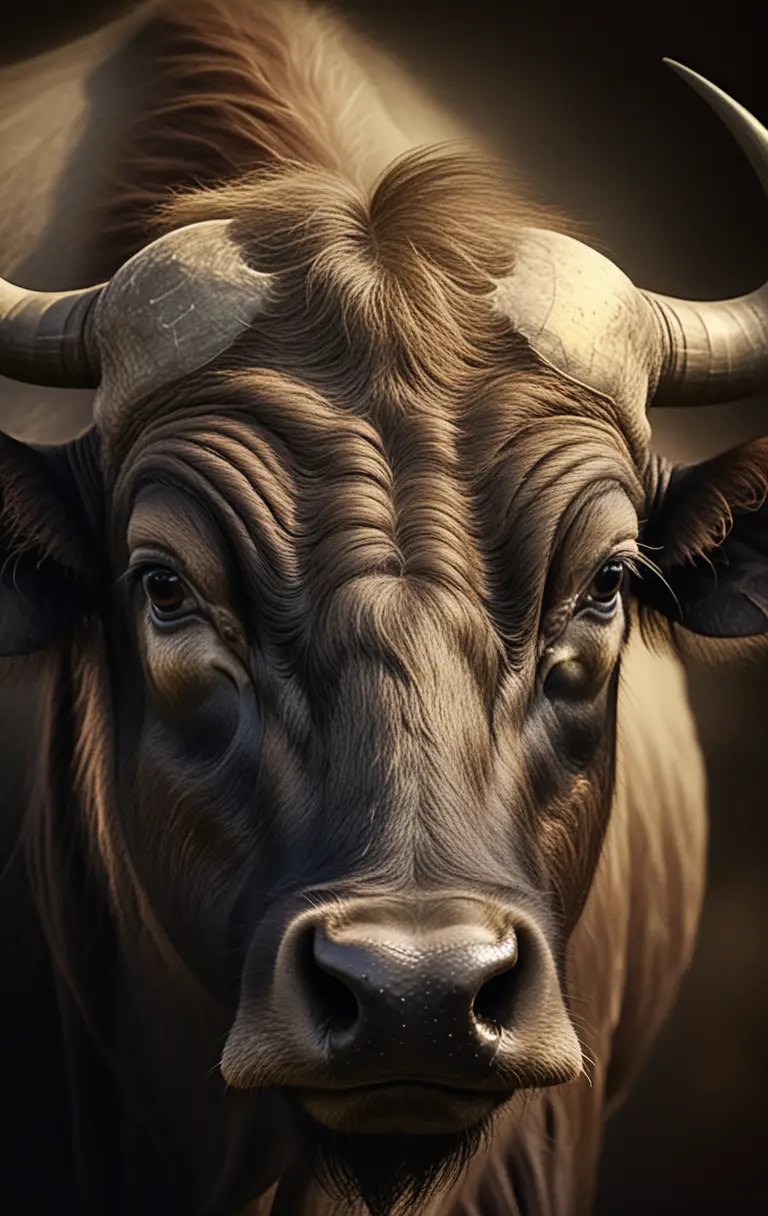 Majestic close up portrait of a horned water buffalo
