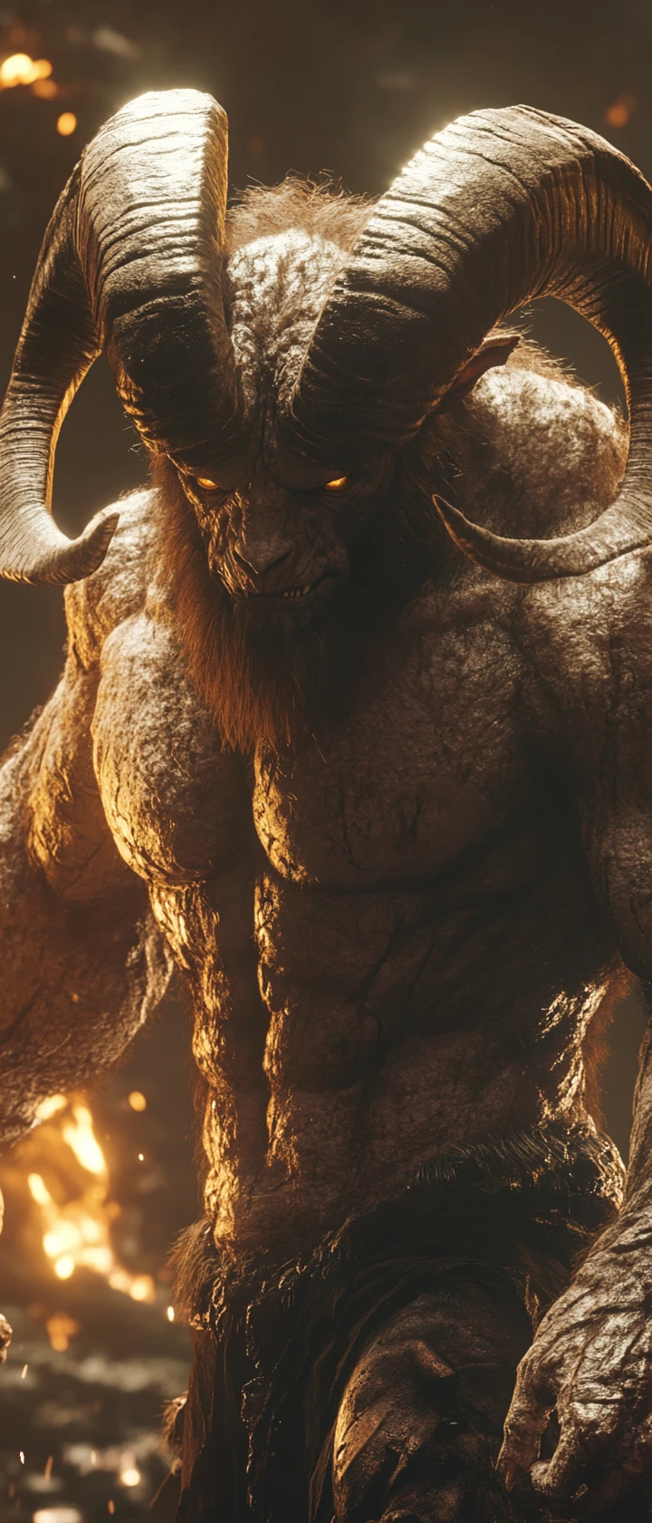 Brooding humanoid ram in dark fantasy anime portrait