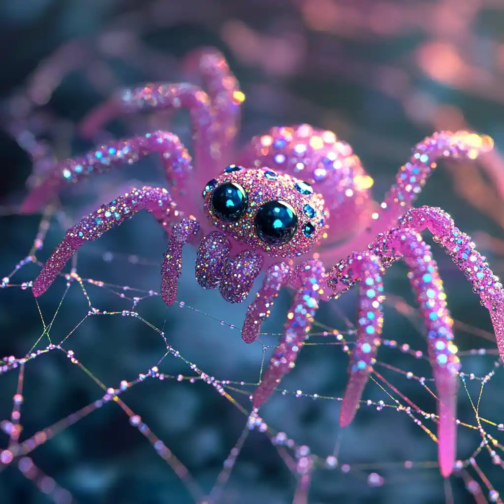 Cute jeweled spider sitting in a sparkling web