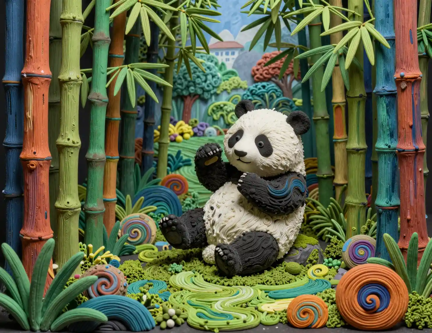 Giovane panda giocherellone in un diorama di foresta di bambù in argilla ricoperta di muschio