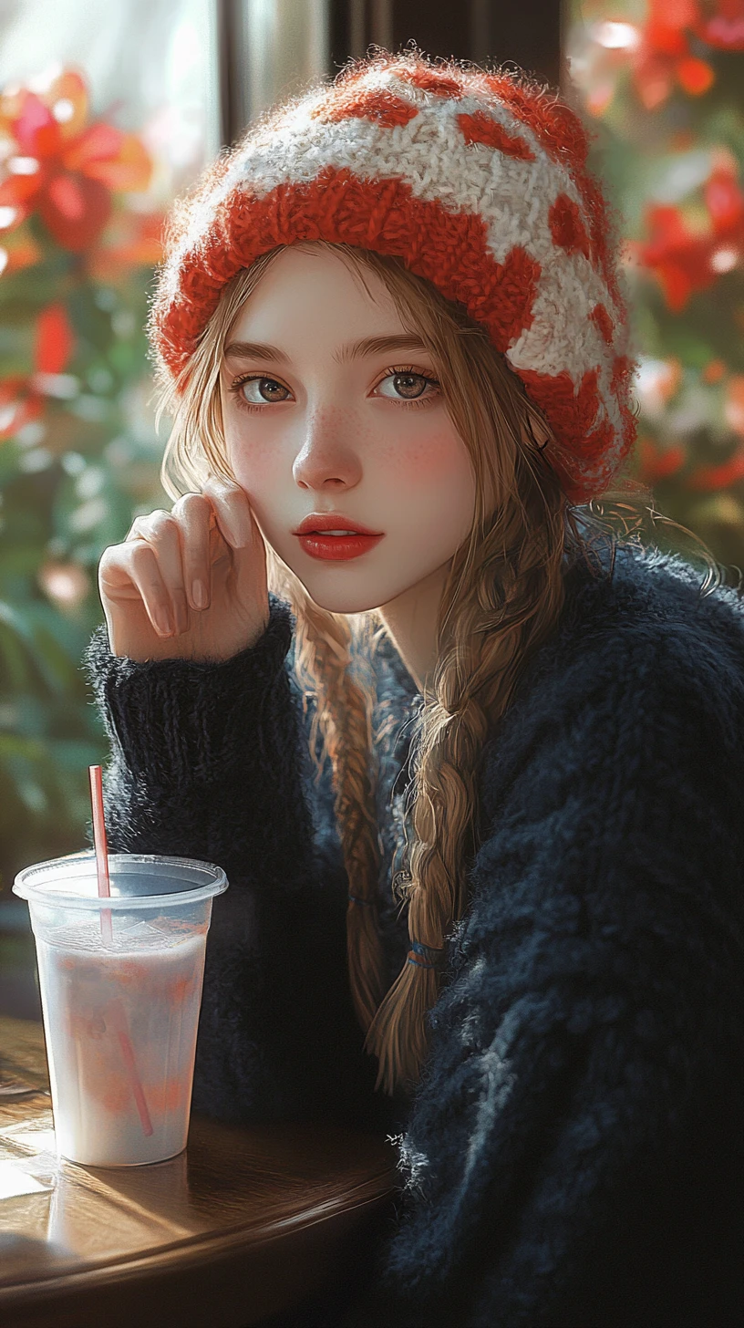 Anime girl by window with floral hat and drink