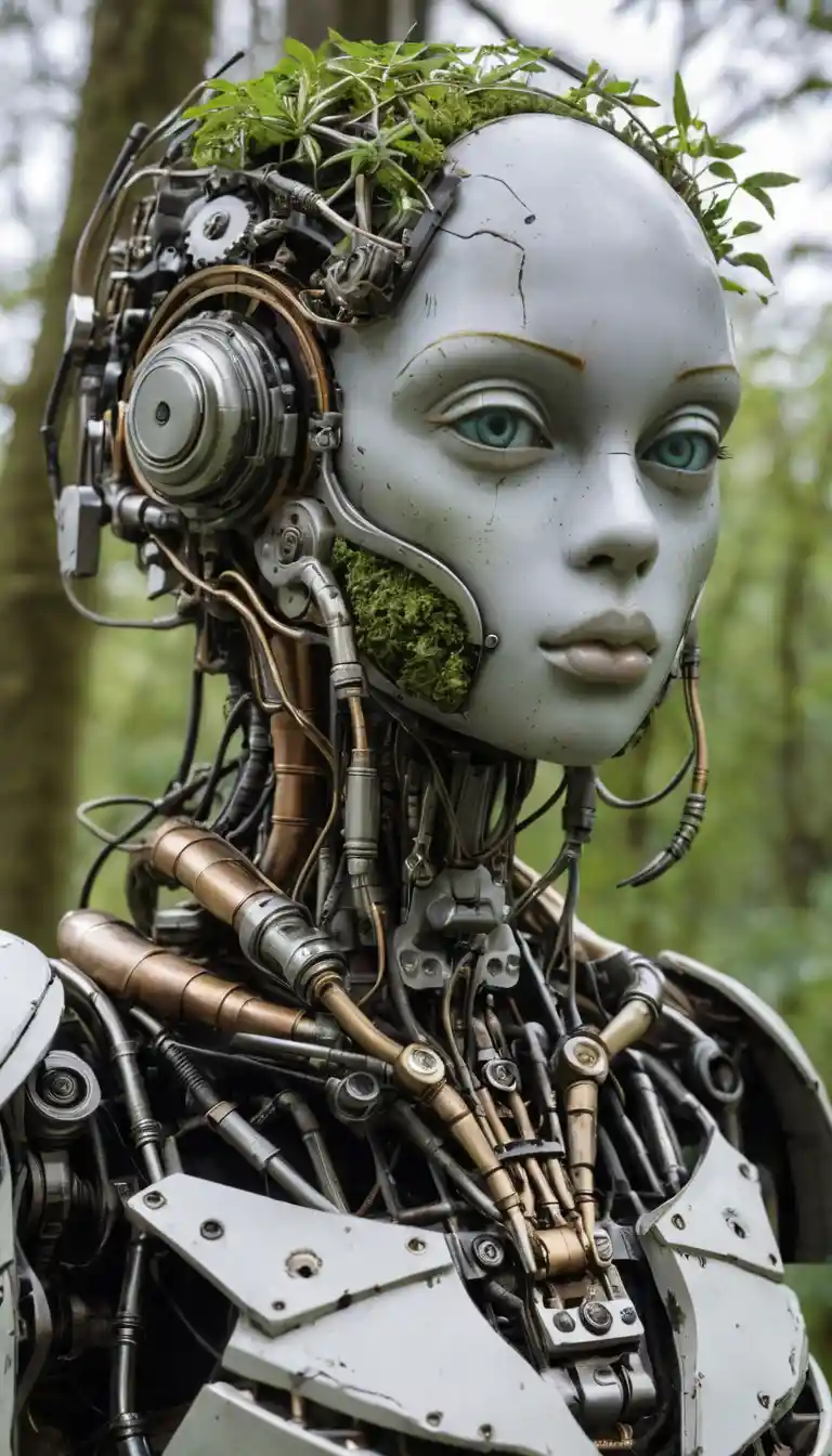 Cabeza de androide biomecánica surreal que fusiona bosque y maquinaria