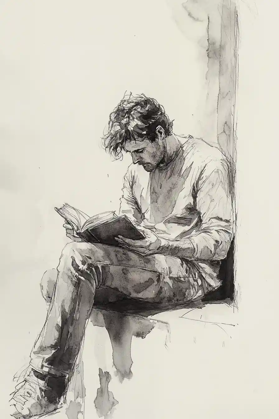 Artista haciendo bocetos a partir de un pequeño libro sobre un saliente de piedra