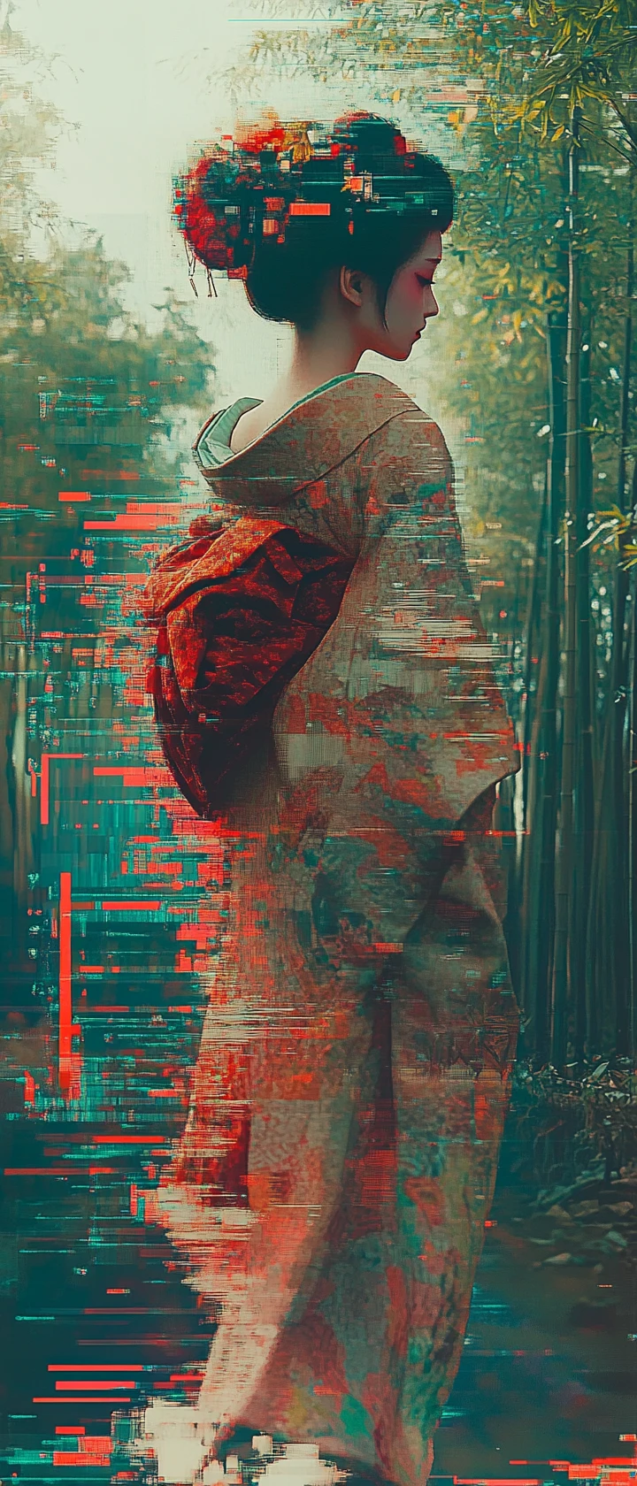 Glitched geisha walking through a dreamy bamboo forest