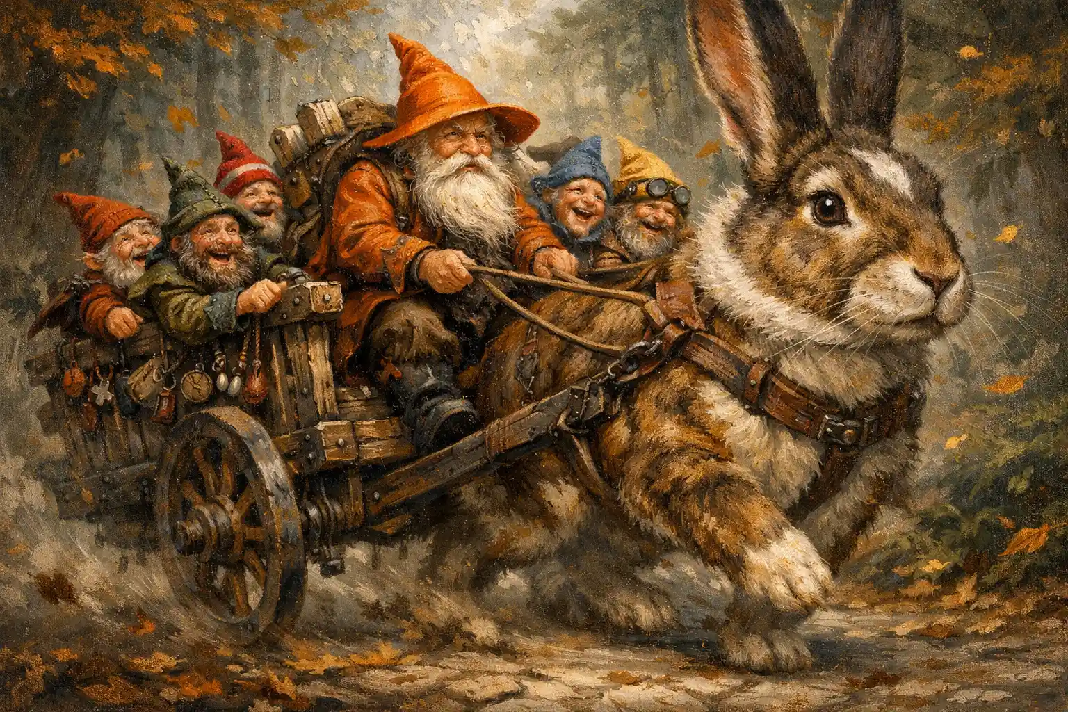 Gnome caravan riding a colossal rabbit through forest