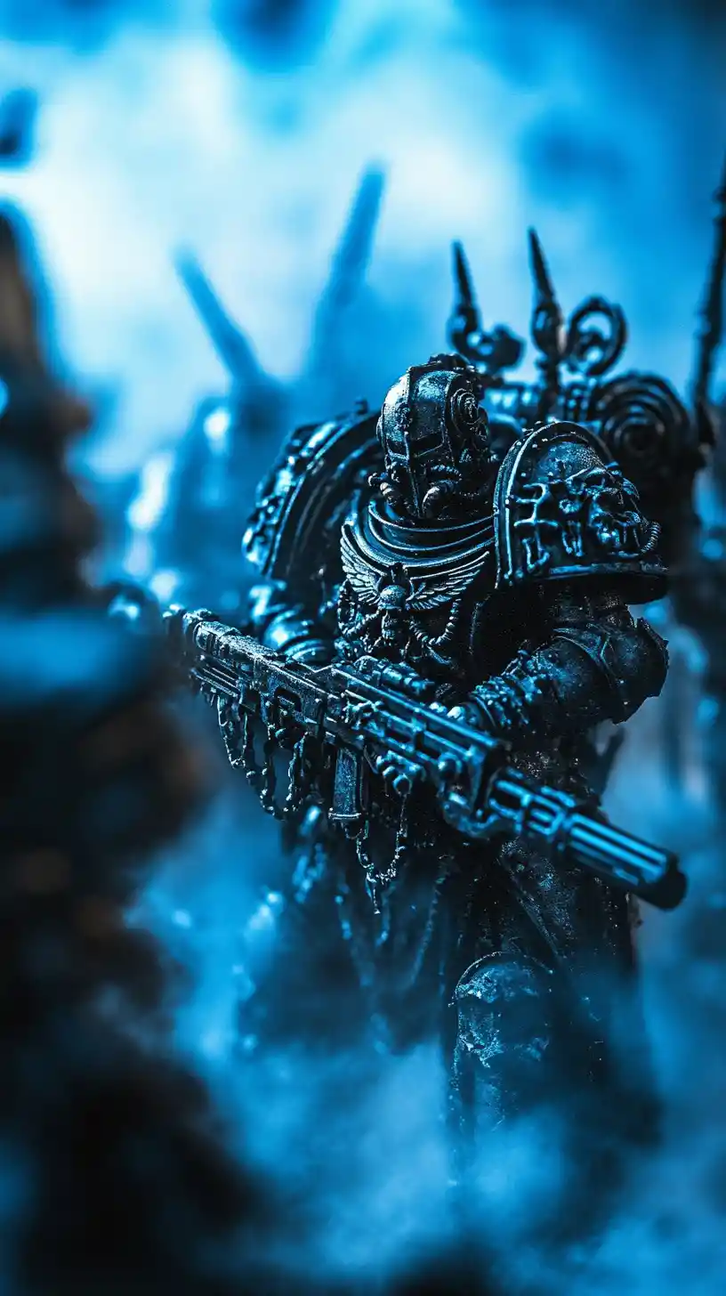 Gepanzerte Warhammer-Soldaten, die aus dichtem Schlachtnebel hervortreten