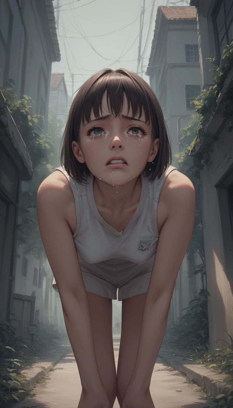 Crying anime schoolgirl standing alone in a hallway