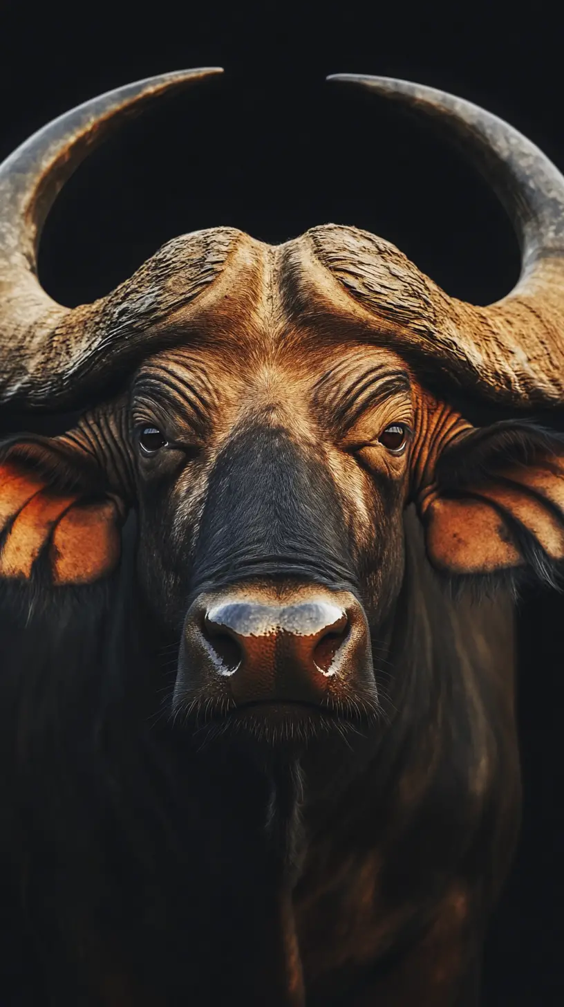 Majestic close up portrait of a horned buffalo