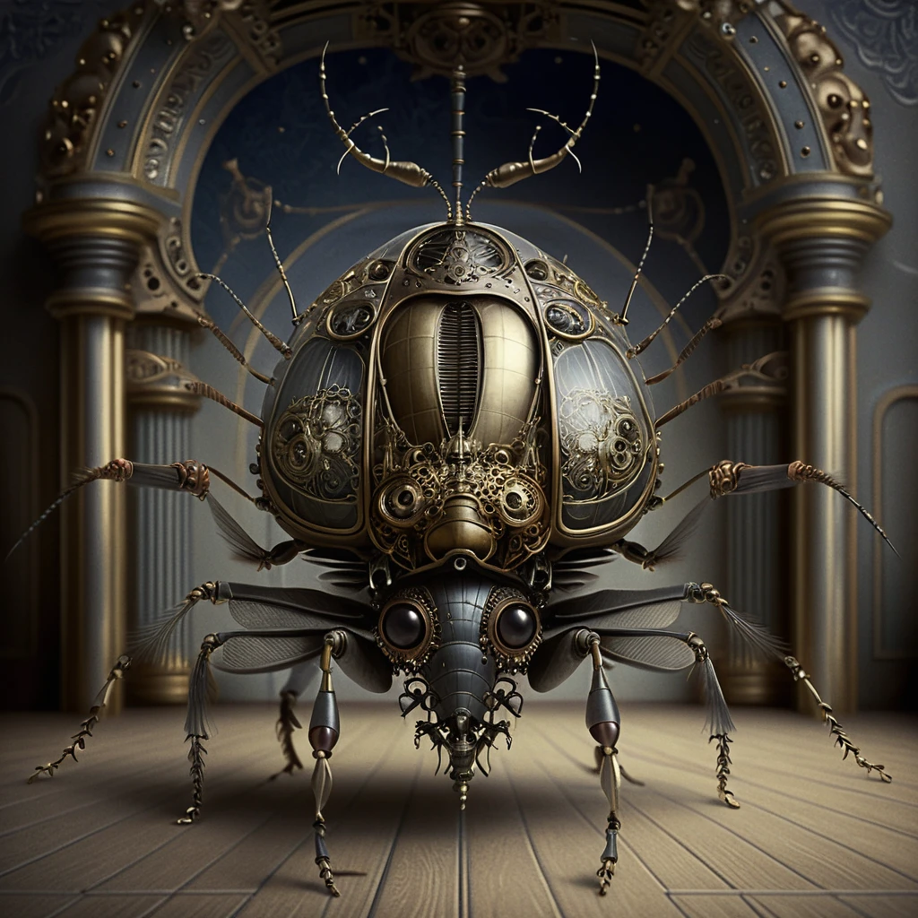Steampunk Mechanical Beetle In Ornate Victorian Hall