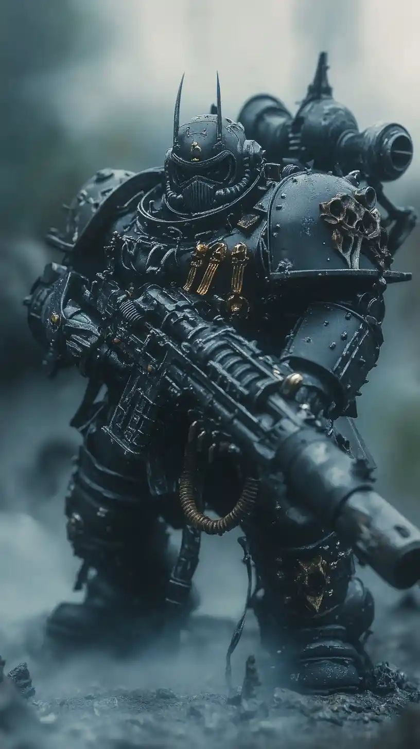 Armored sci fi soldier with heavy machine gun in fog