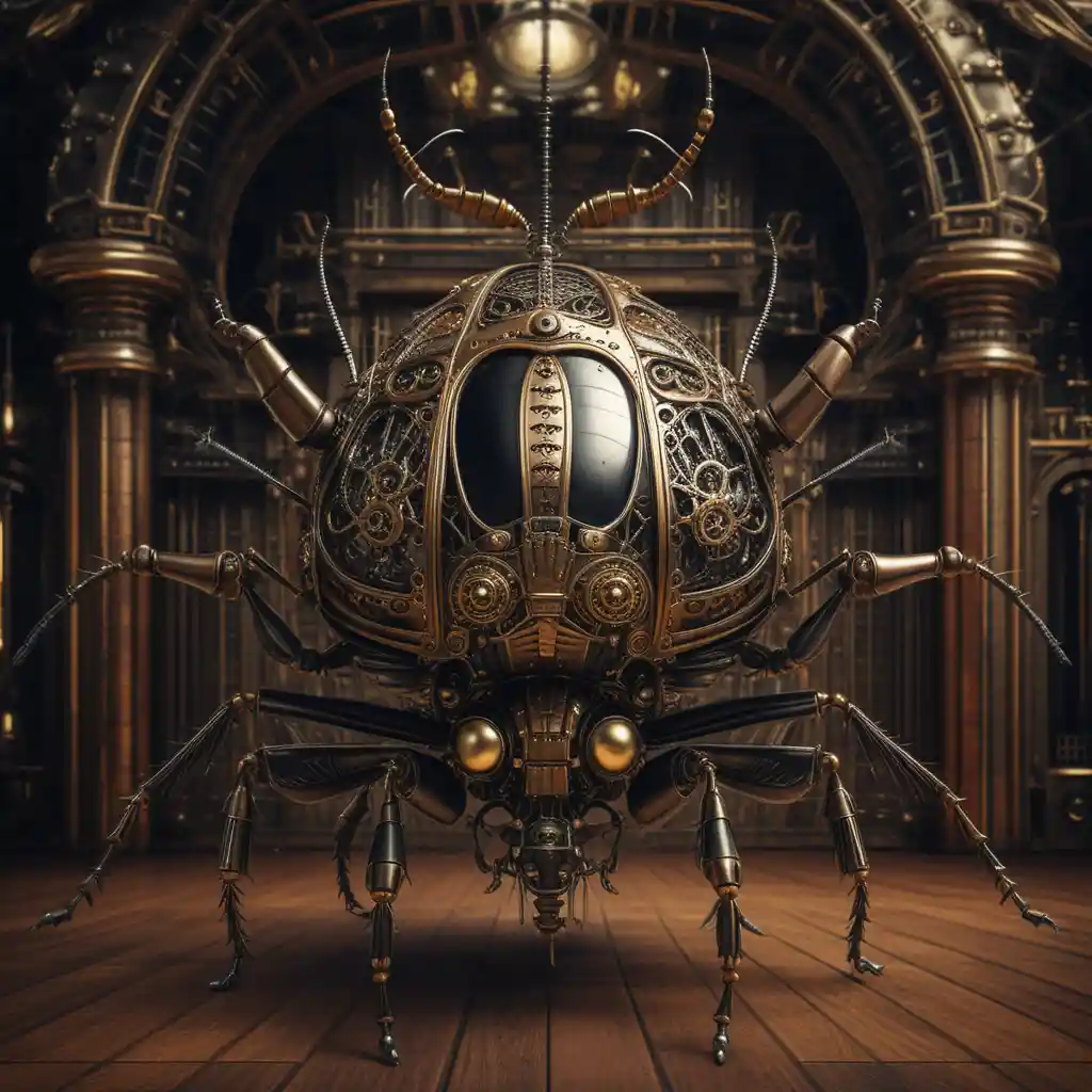 Majestic steampunk mechanical beetle in a grand victorian hall