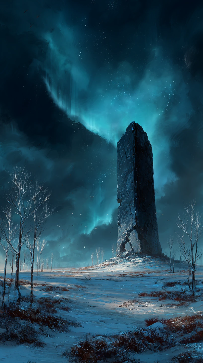 Ancient stone tower beneath aurora over desolate snowy land