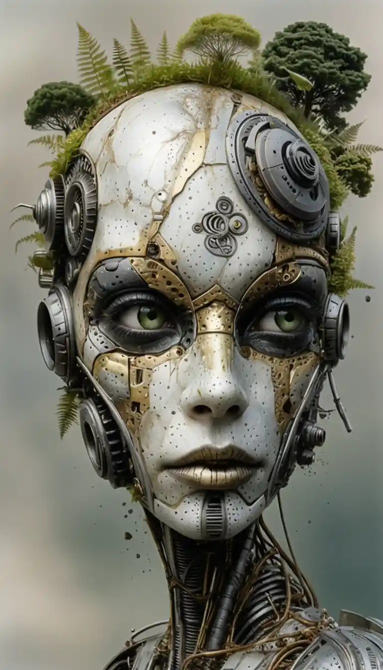 Surreal biomechanical android head fused with lush forest