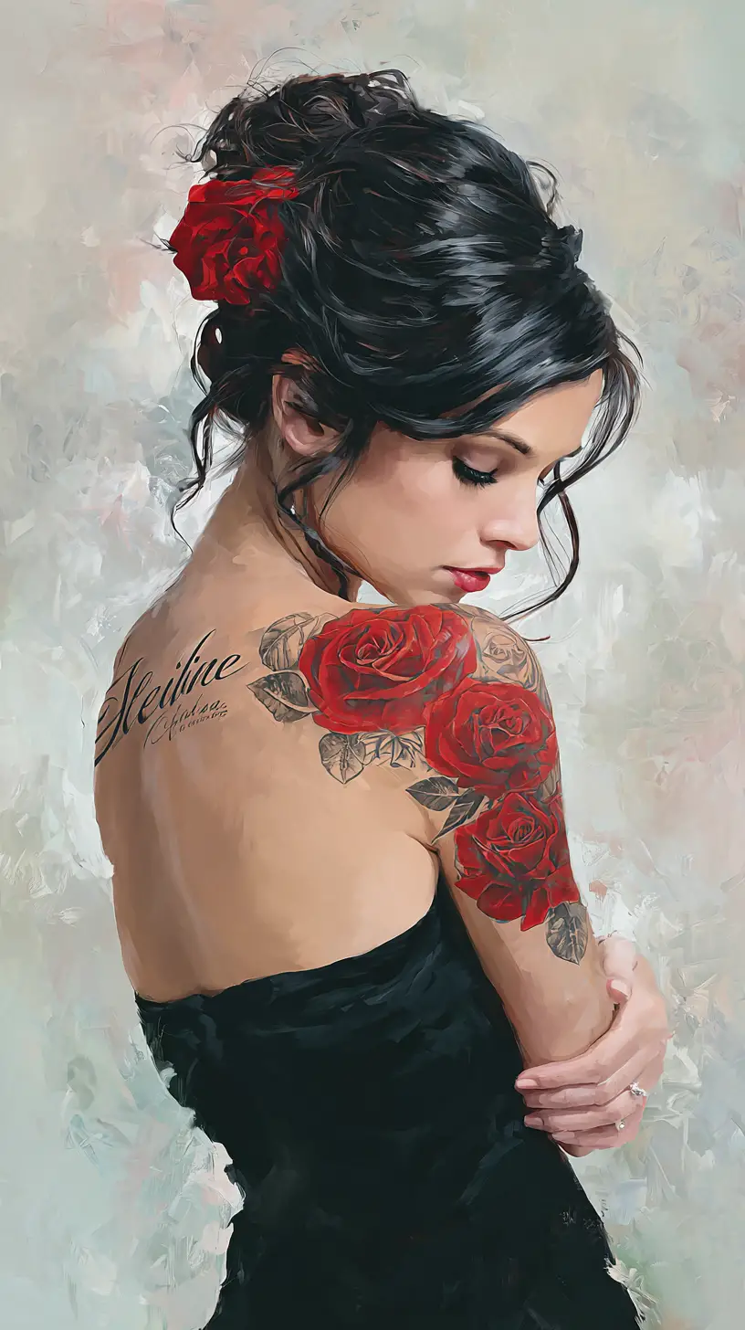 Woman receiving red rose tattoo in vintage style studio
