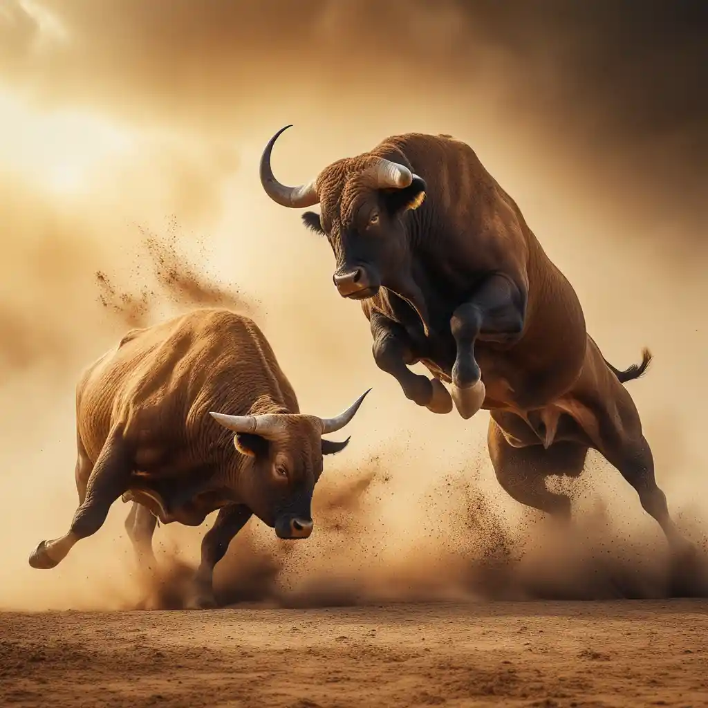 Two powerful bulls clash in a dramatic dusty battle scene