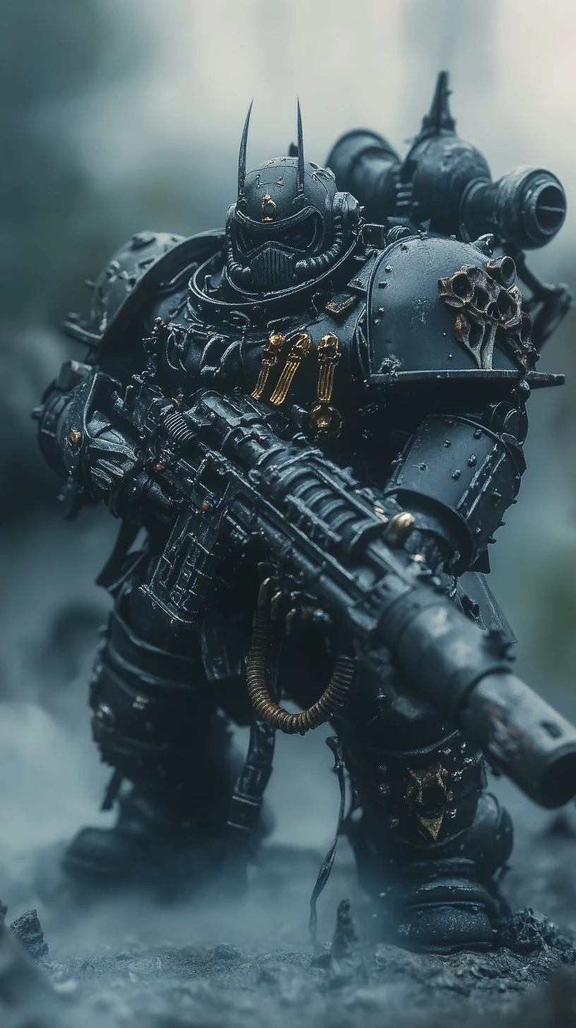 Armored sci fi soldier with heavy machine gun in fog