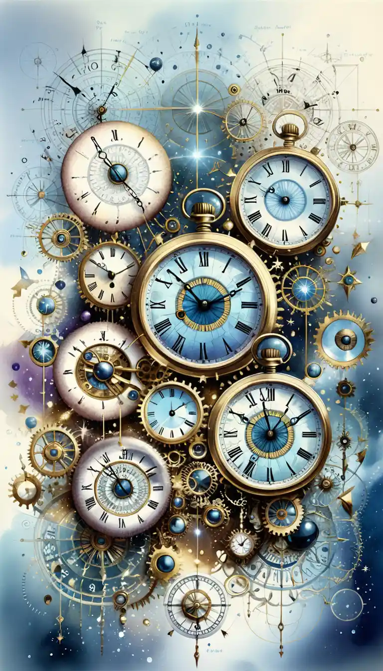 Surreal steampunk clock tower with eyes in cosmic night sky