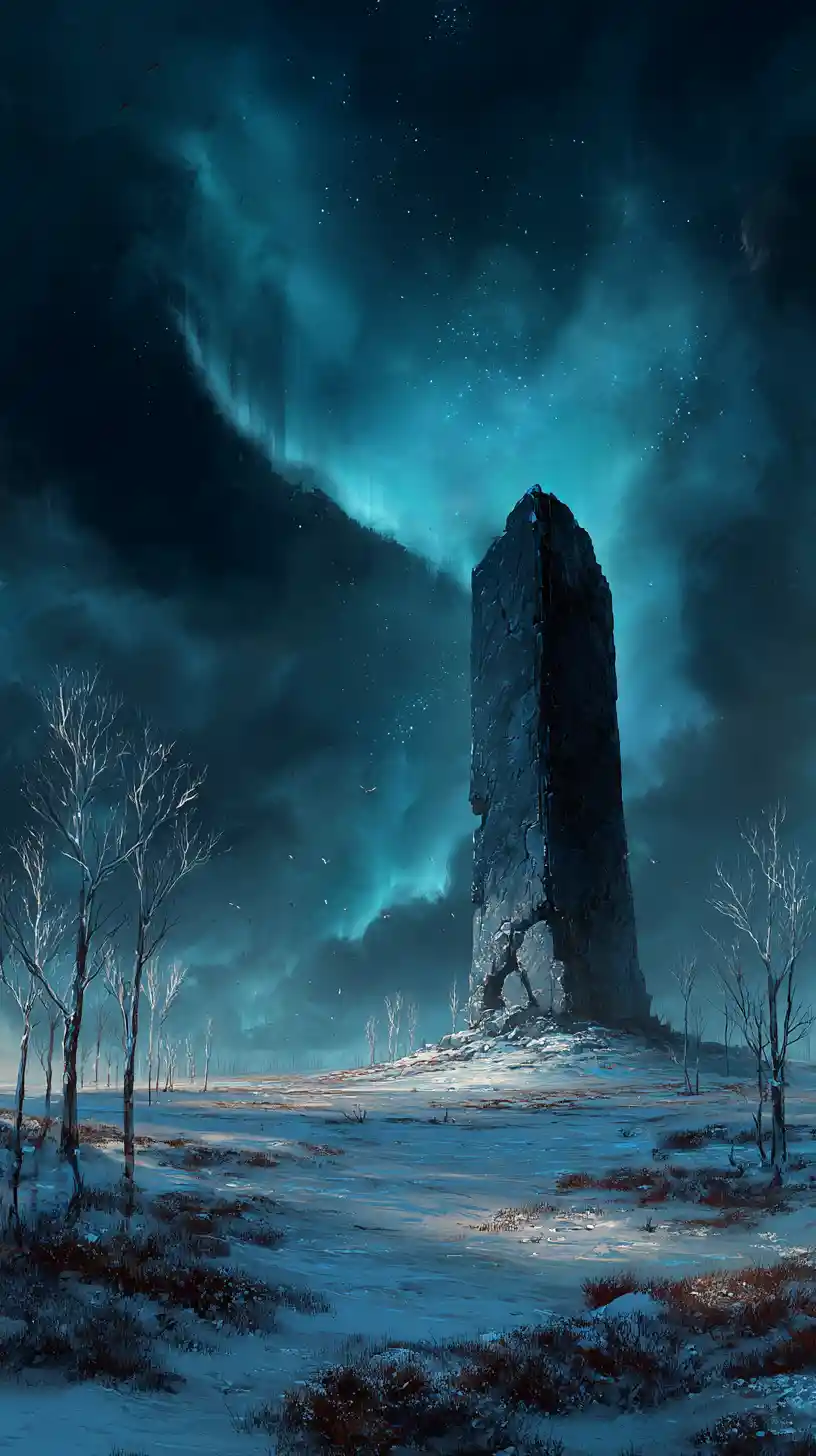 Ancient stone tower beneath aurora over desolate snowy land