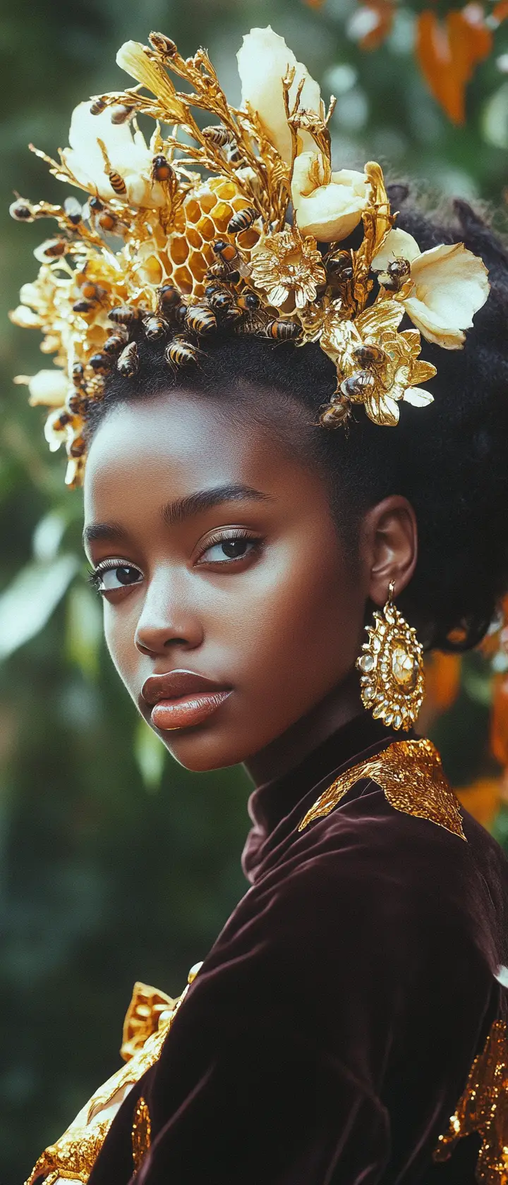 Regal beekeeper fashion woman in a grand formal garden