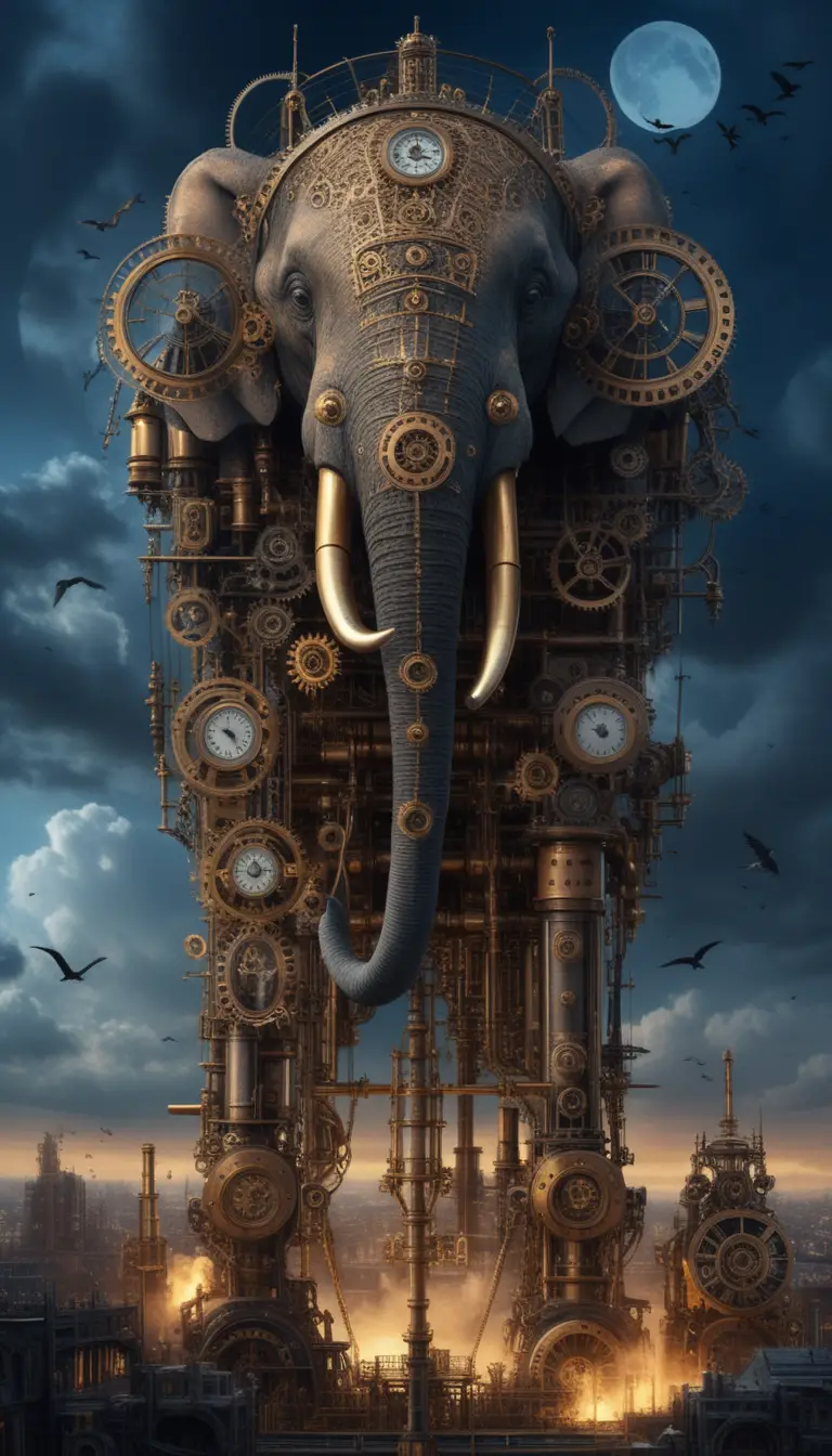 Gigantesco elefante mecánico steampunk bajo un dramático cielo iluminado por la luna