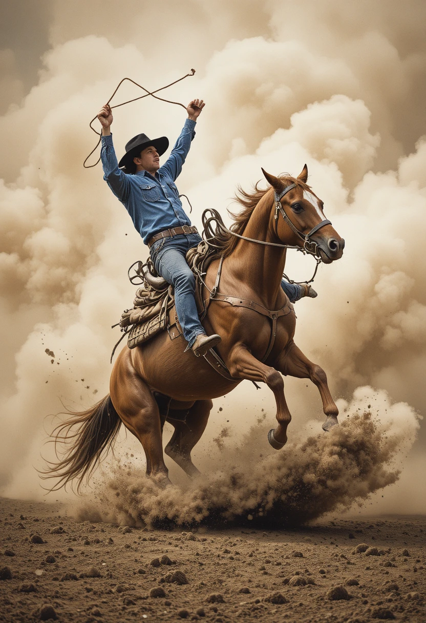Cowboy thrown from bucking bronco in dusty rodeo arena