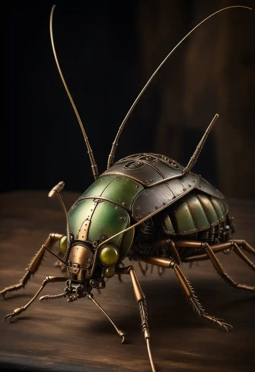Photorealistic steampunk mechanical cricket on wooden base