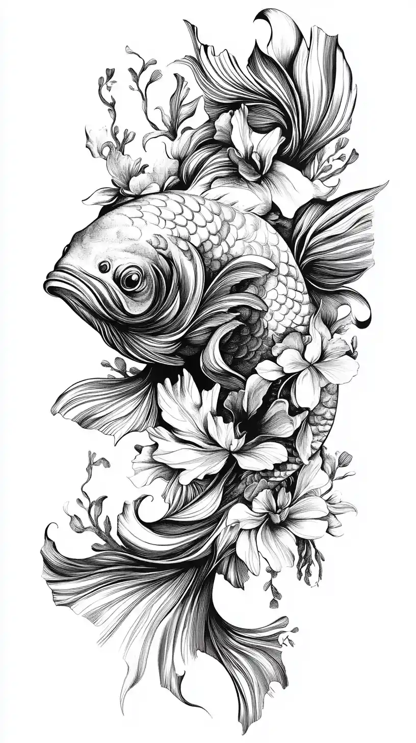 Intricate Ink Fish Illustration With Floral Details