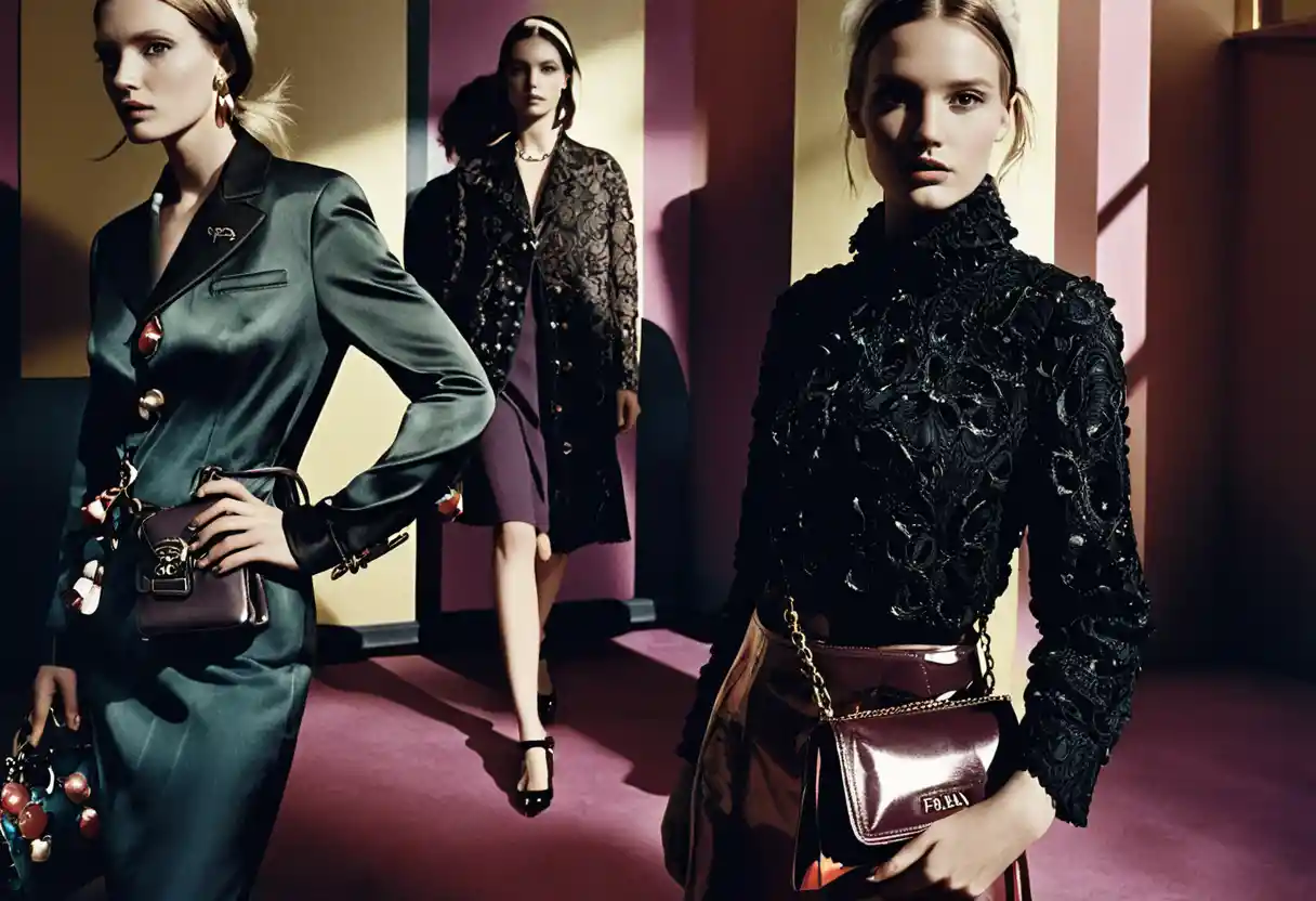 Dramatic fashion woman posing with designer handbag in studio