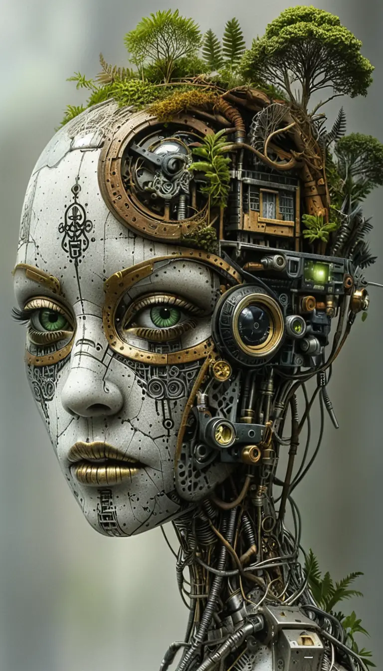 Surreal biomechanical android head merging forest and machinery