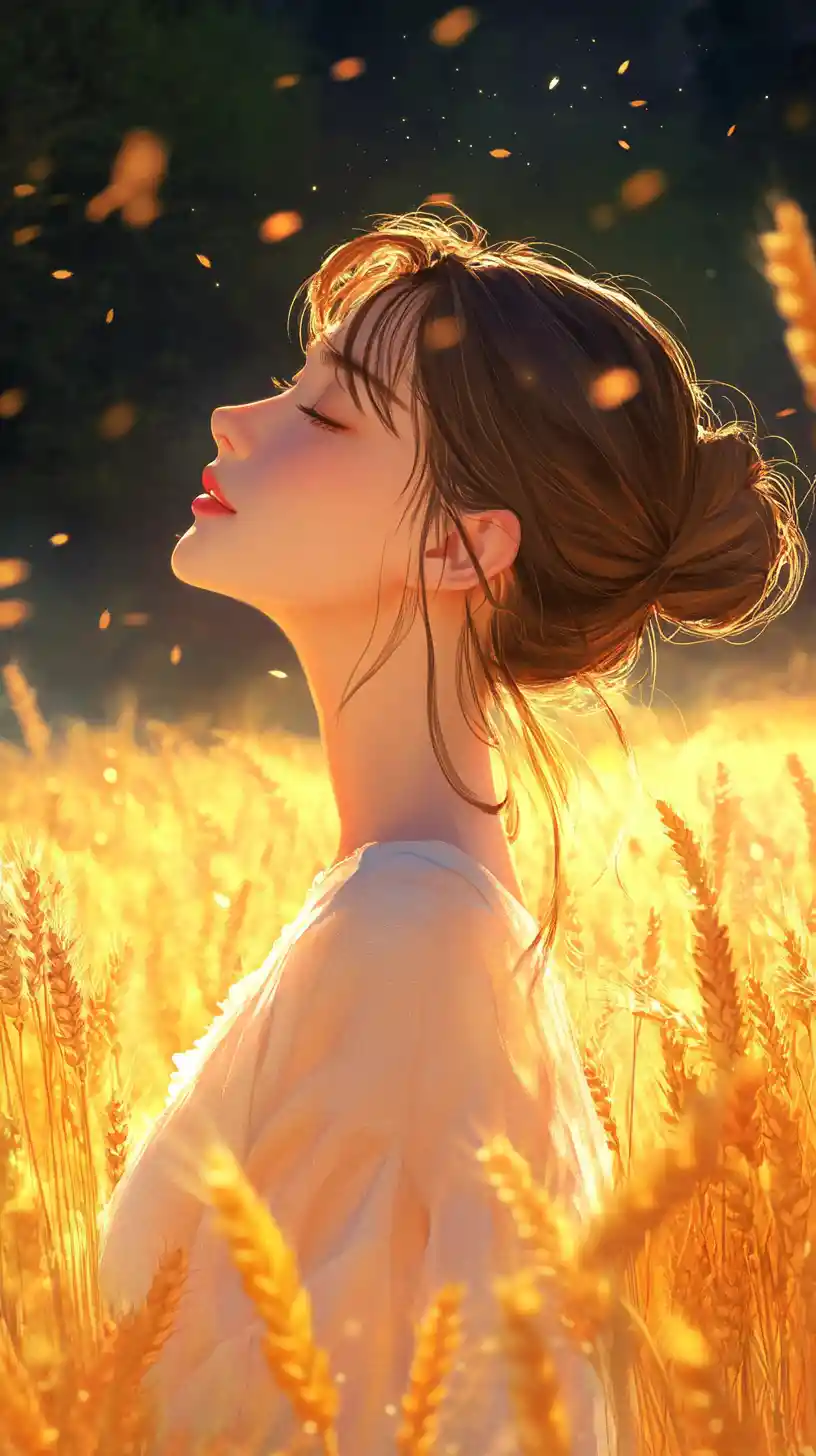Giovane donna che sorride dolcemente in un campo di grano luminoso