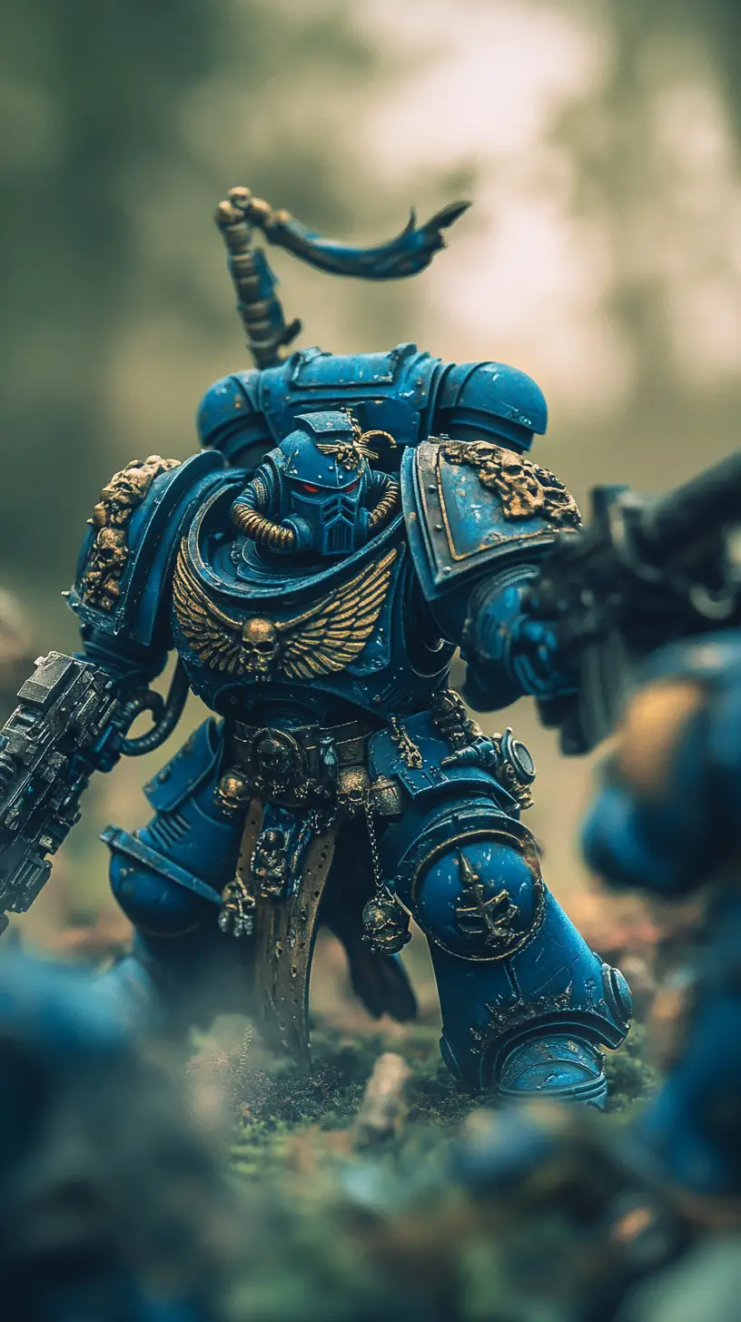 Armored warhammer soldiers emerging from thick battlefield fog
