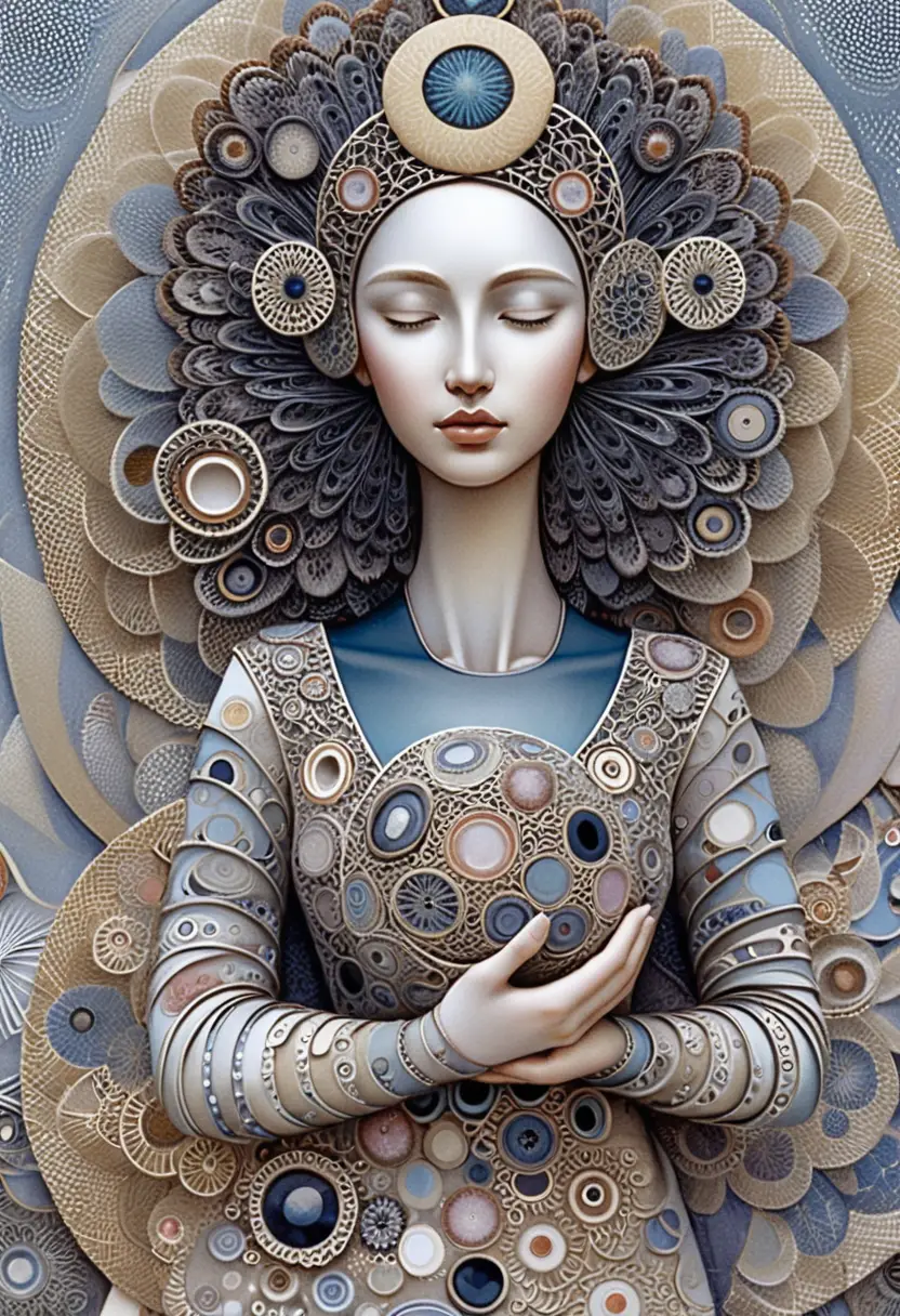 Figura femminile serena in posa meditativa con aureola ornamentale