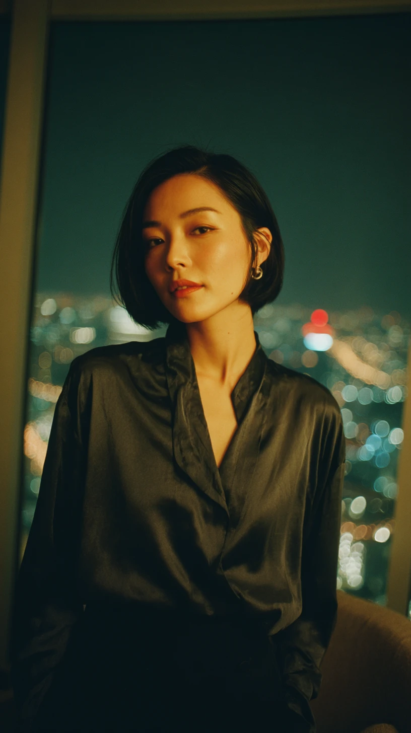夜晚城市公寓中的亞洲女子與霓虹天際線