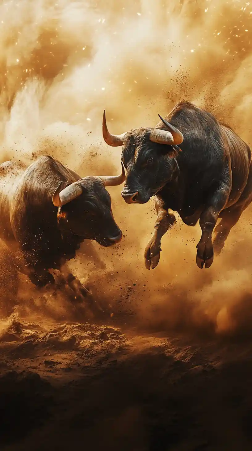 Two powerful bulls colliding in a dramatic dusty battle