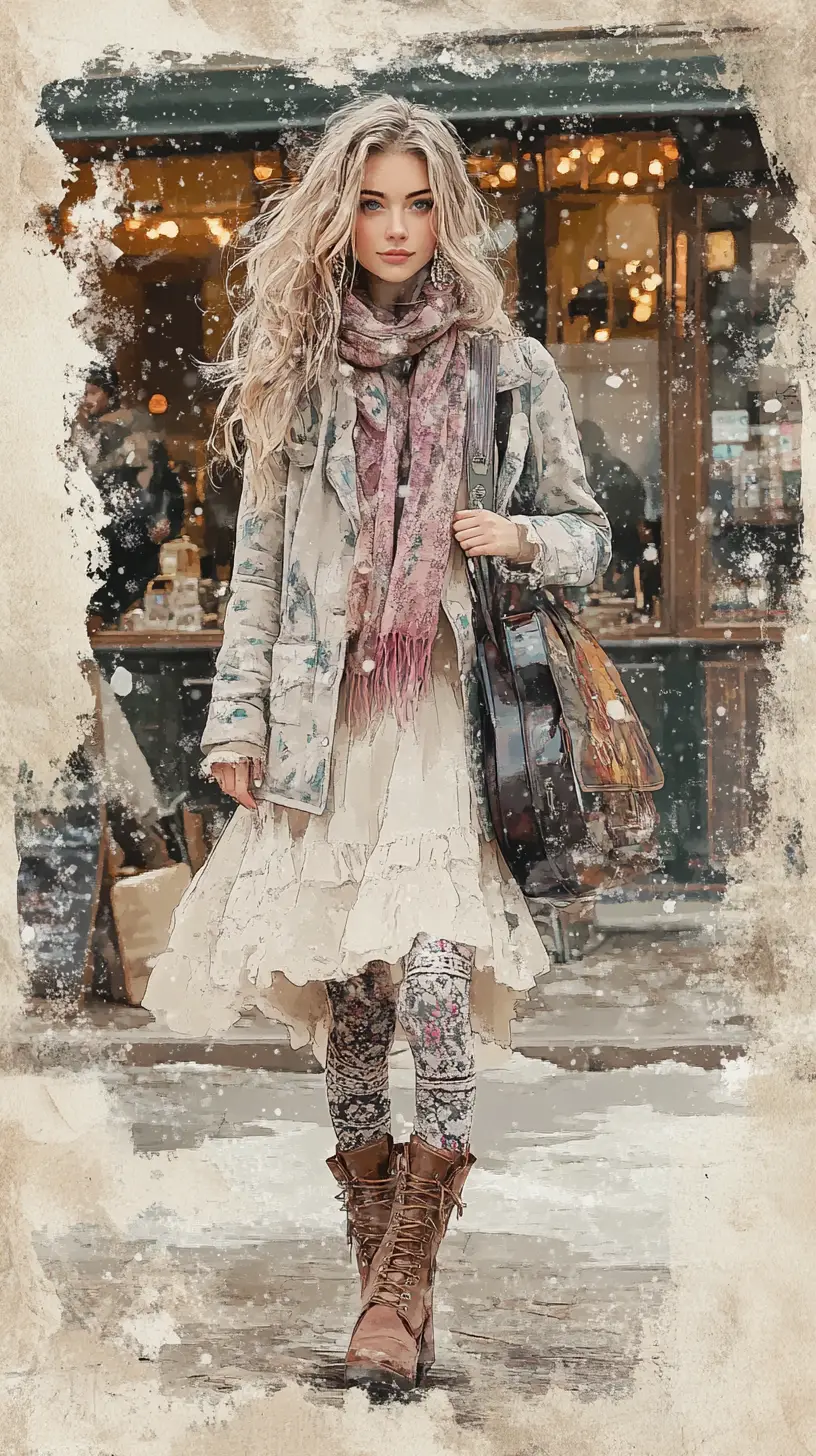 Boho woman with guitar case outside cozy coffee house