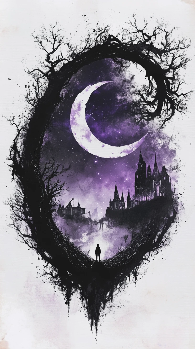 Surreal Crescent World Of Twisted Branches And Gothic Towers