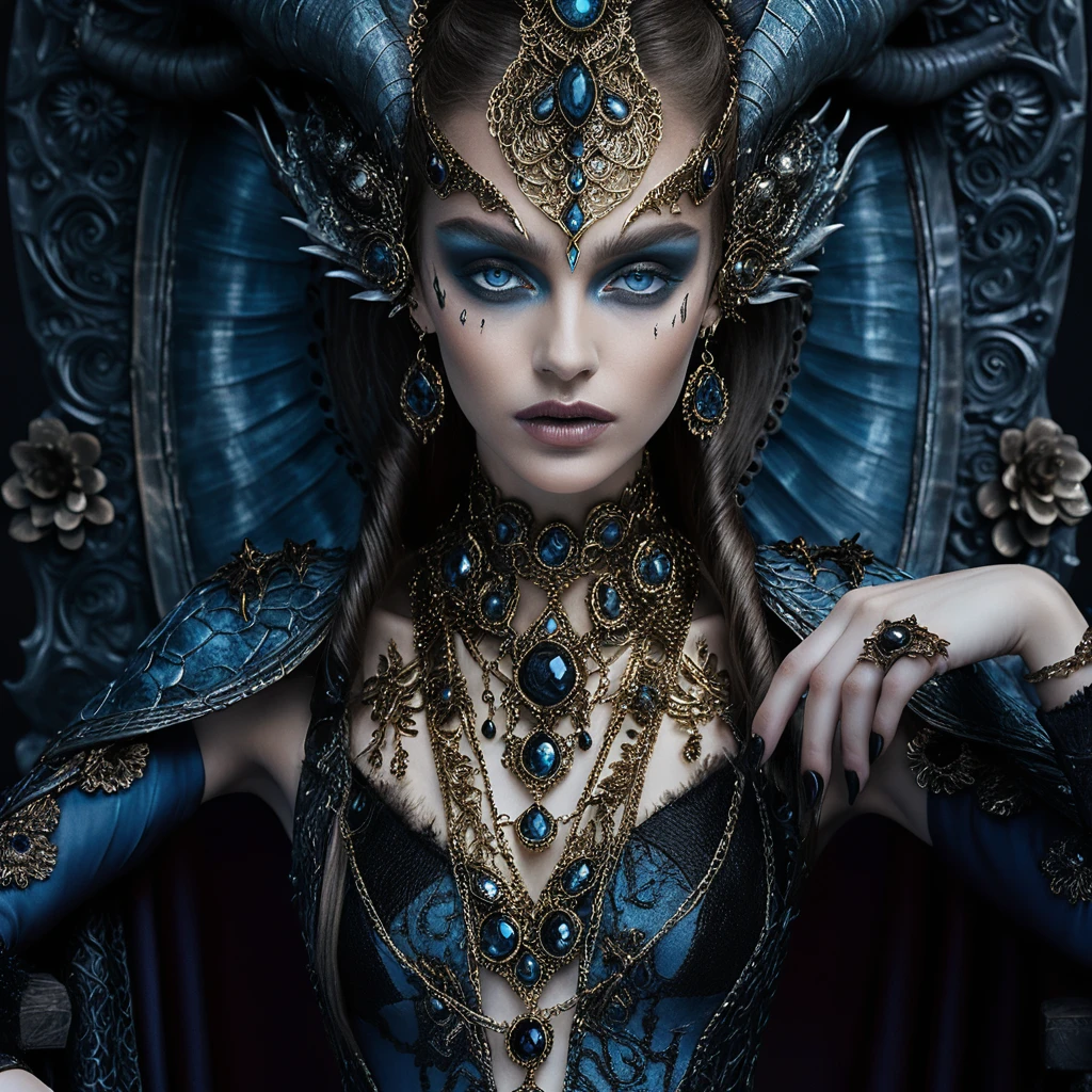Rainha demoníaca de fantasia em trono barroco com coroa de dragão com chifres