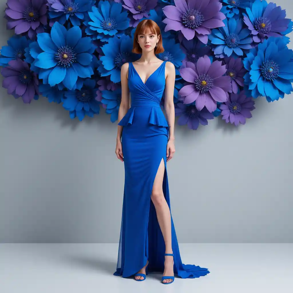 Mulher em vestido de noite azul diante de flores de papel gigantes