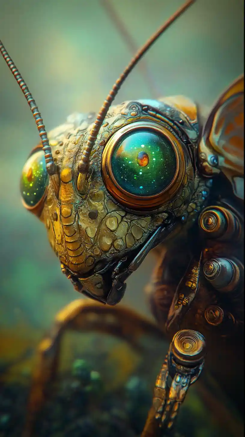 Surreal cybernetic grasshopper rising from a blurred horizon