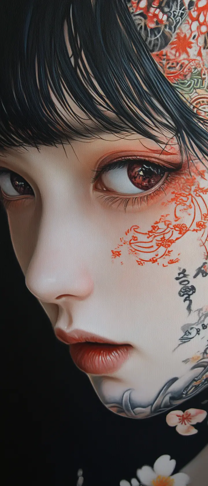 Close up tattooed woman in dark haunting portrait