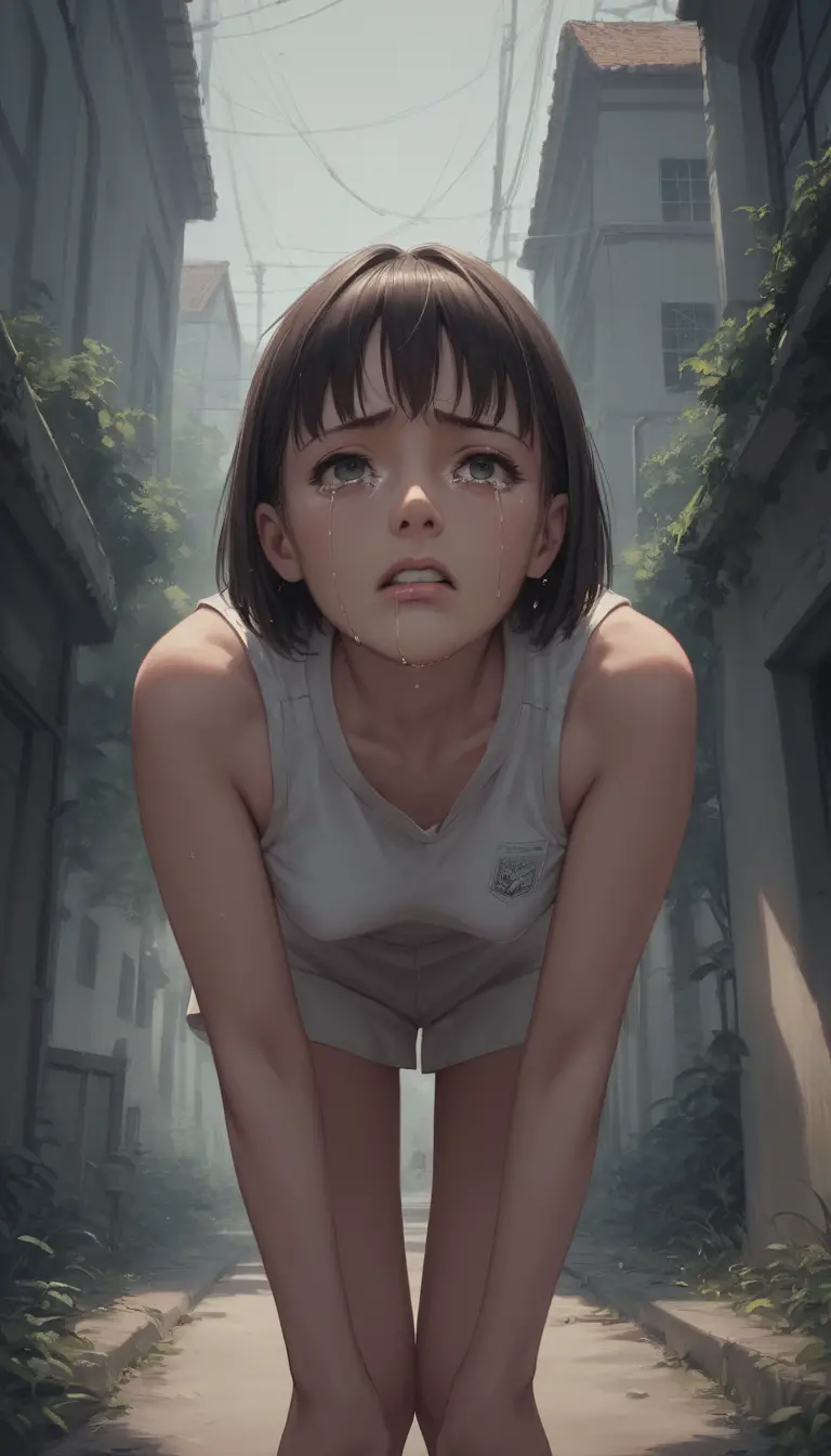 Crying anime schoolgirl standing alone in a hallway