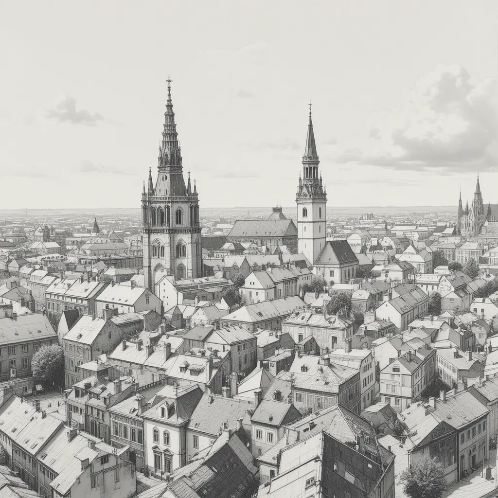Graphite cityscape of historic Prague with church towers