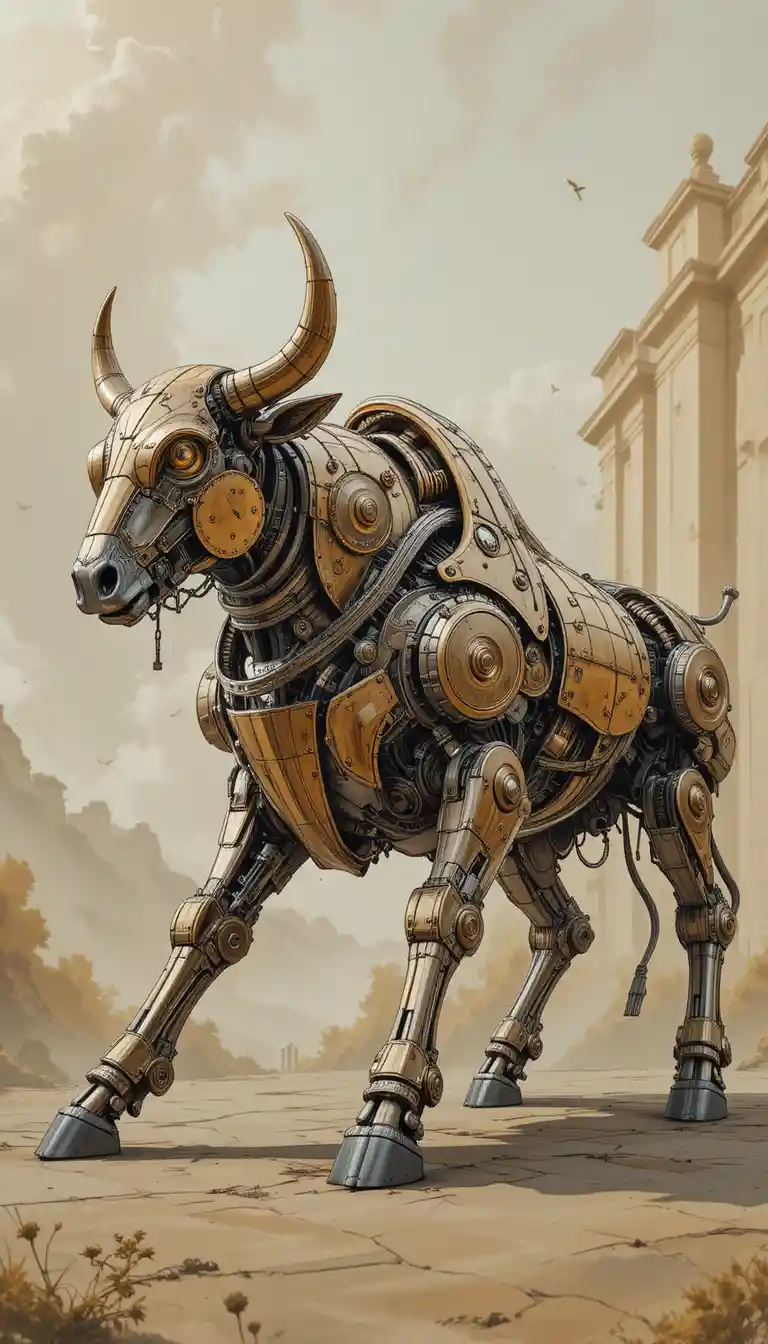 Steampunk Mechanical Bull Charging In A Classical Fantasy Scene