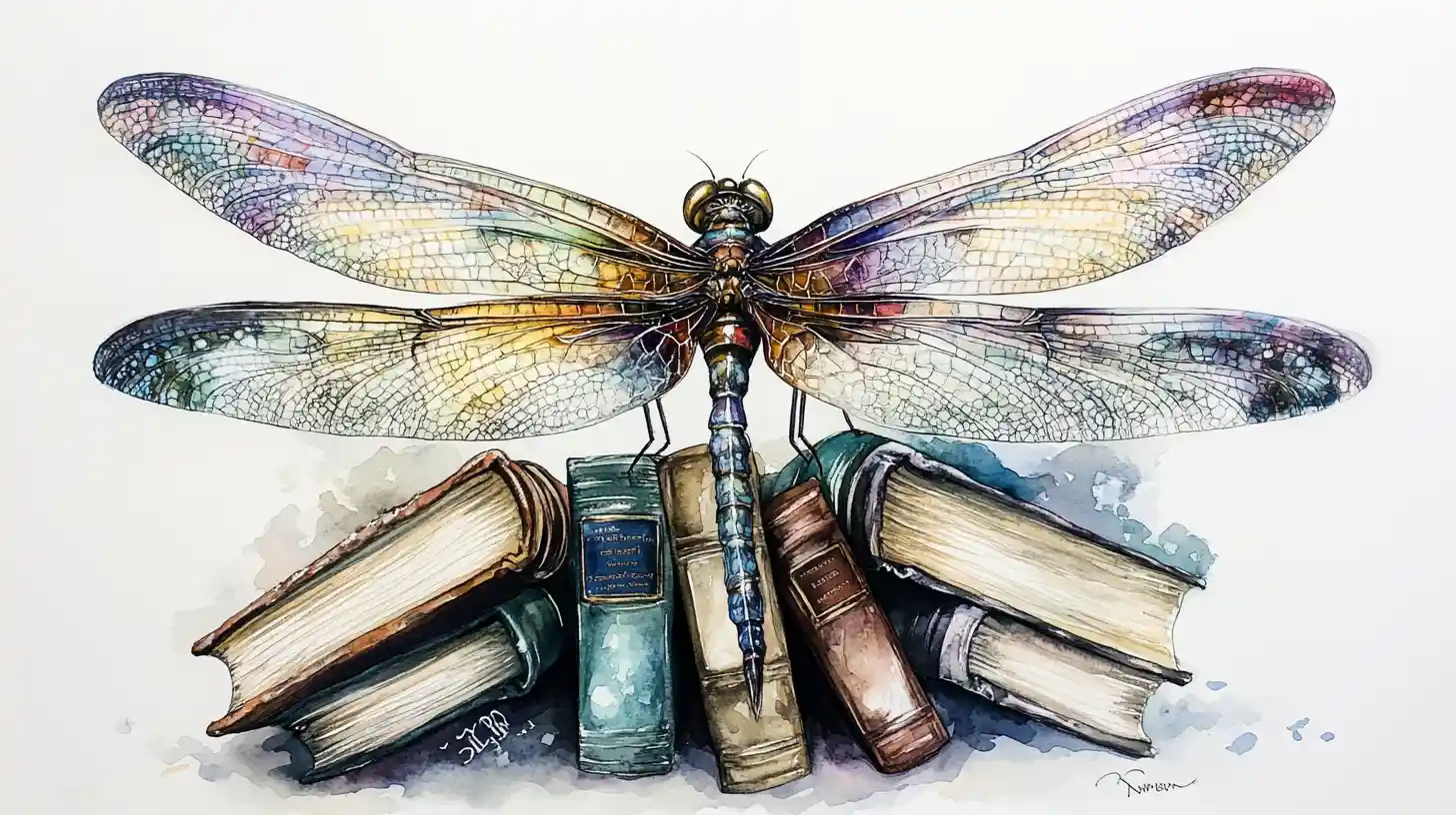 Watercolor dragonfly resting on books with ornate dark wings