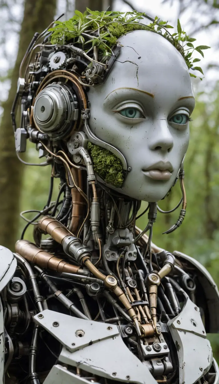 Surreal biomechanical android head merging forest and machinery