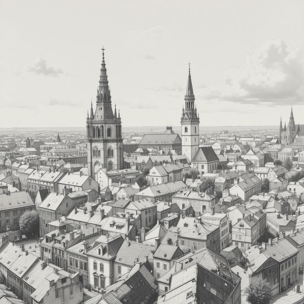 Paesaggio urbano in grafite della storica Praga con torri delle chiese