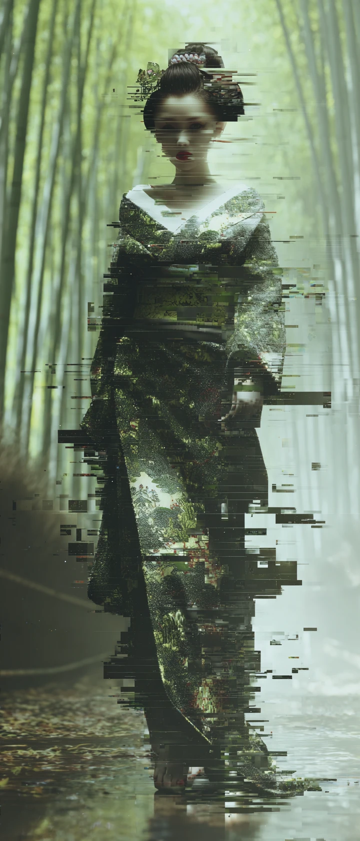 Geisha en glitch marchant dans une forêt de bambous onirique