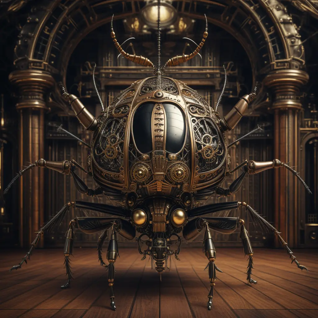 Majestic steampunk mechanical beetle in a grand victorian hall