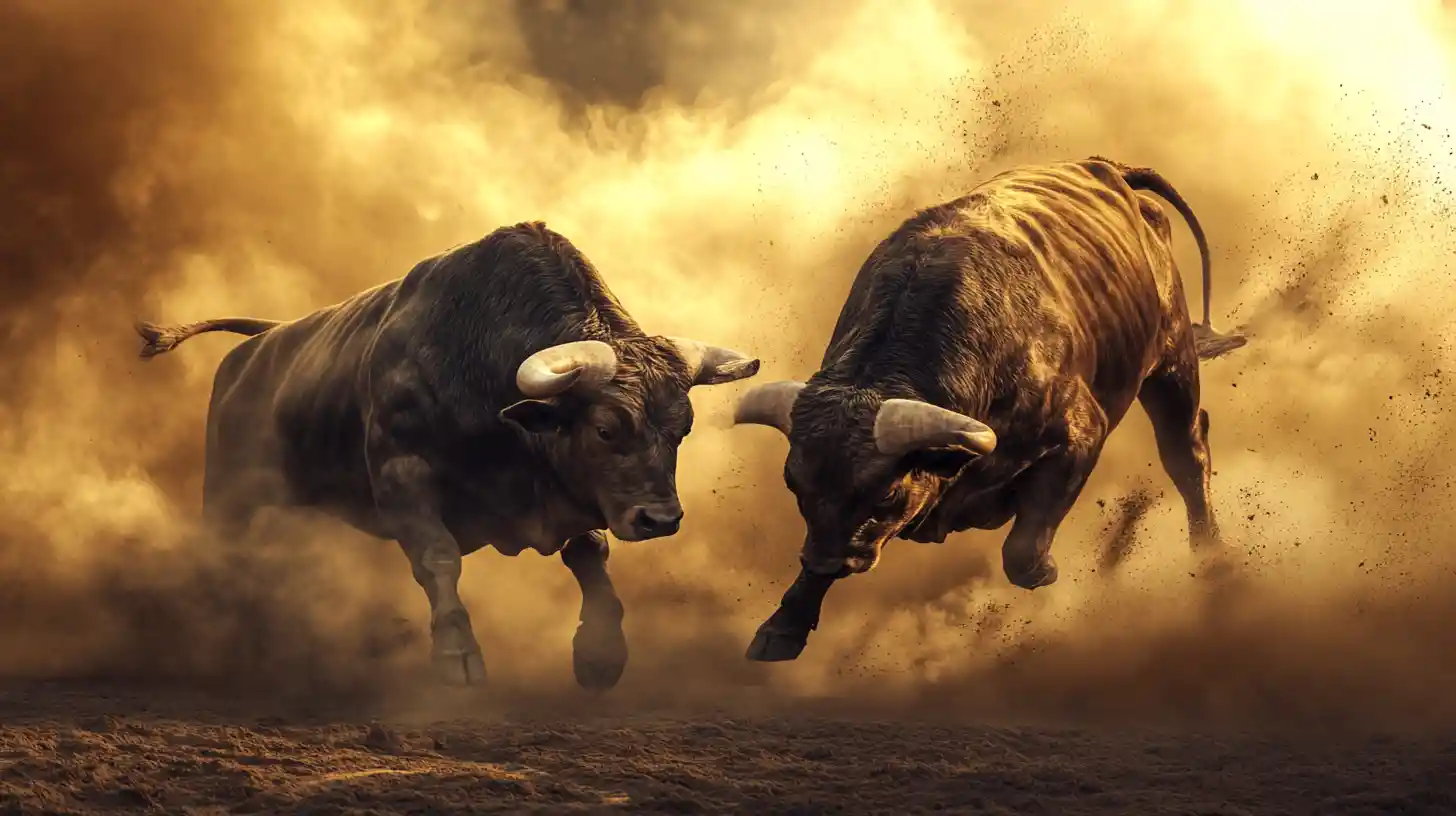 Two powerful bulls locked in a dramatic dusty battle