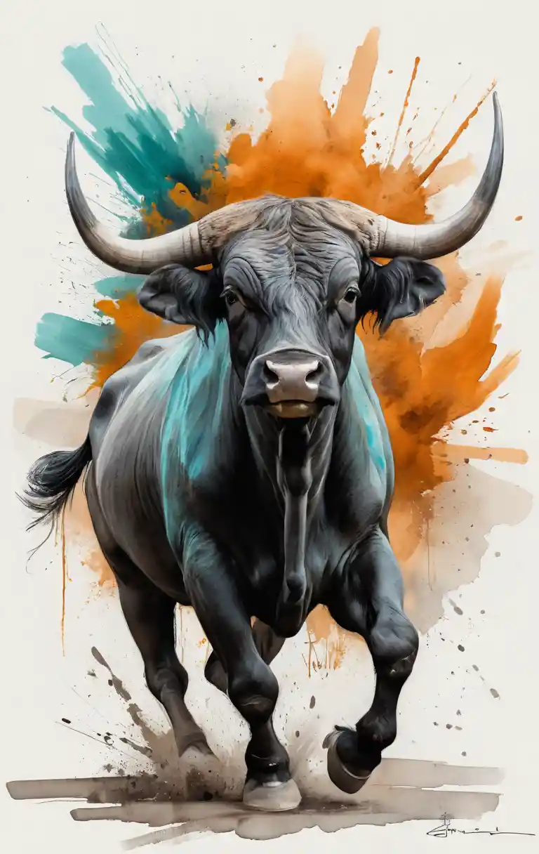 Charging spanish bull in dynamic mixed media illustration